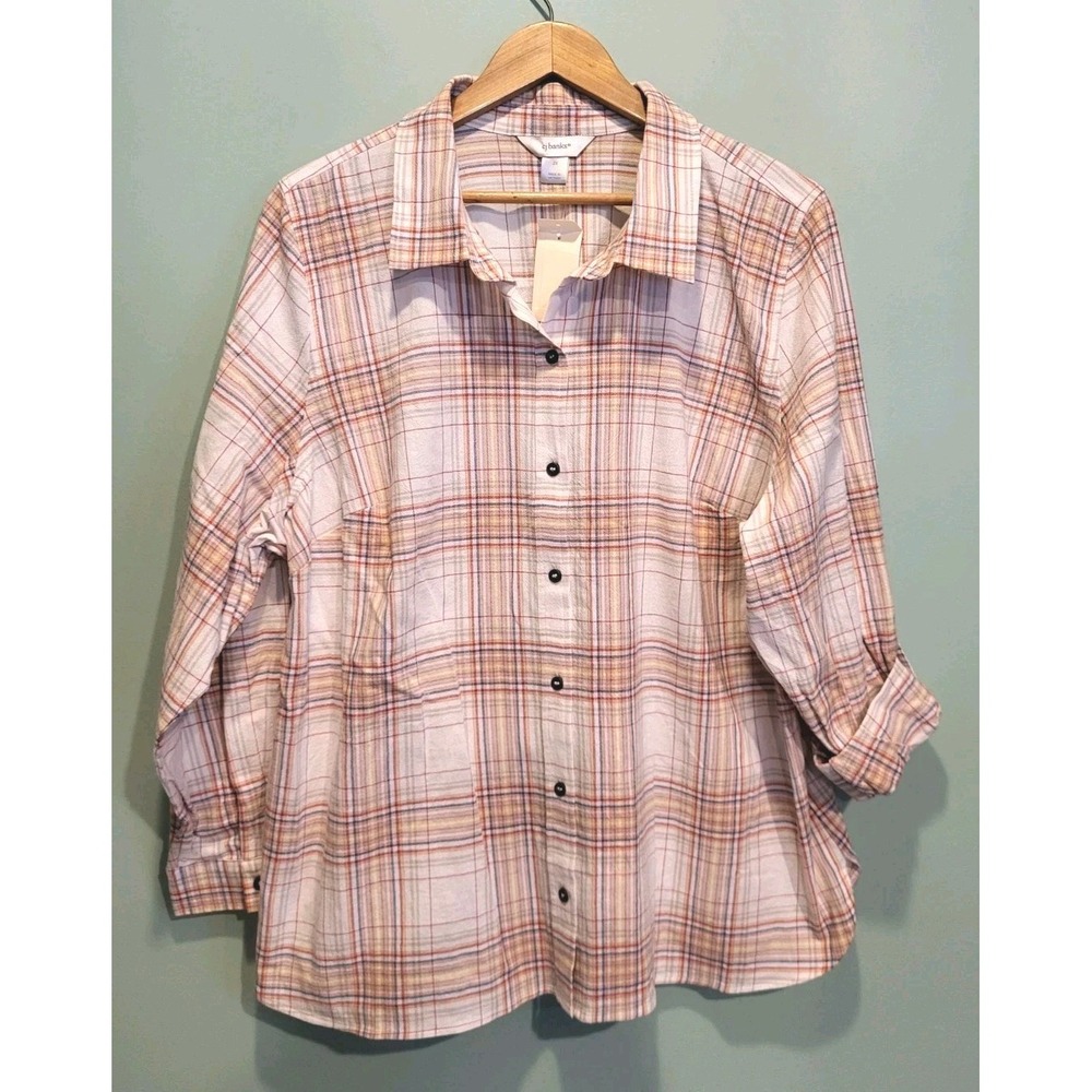 New CJ Banks Plaid Long Roll Tab Sleeve Button Up Shirt Sz 2X